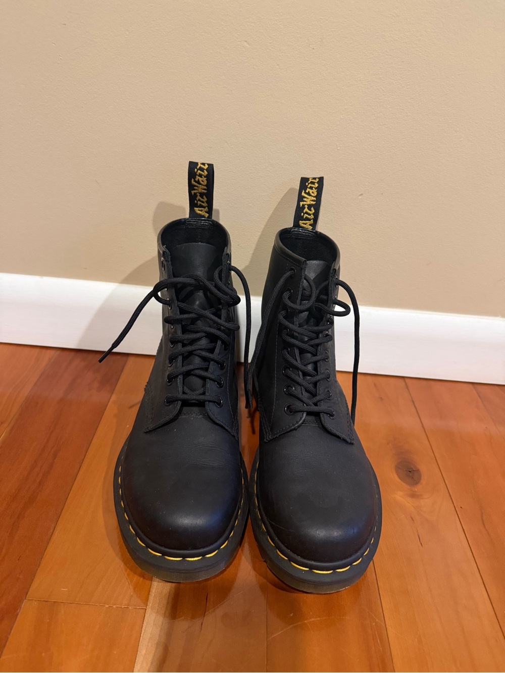 Dr. Martens Black Leather Lace-Up Boots with Yellow Stitching Detail